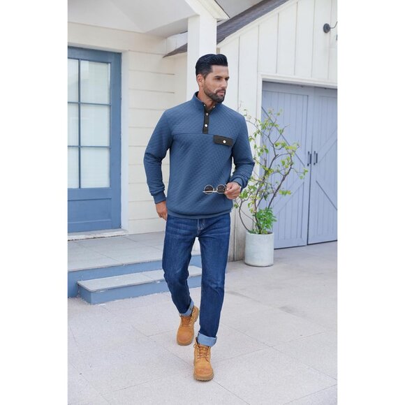 Men's Sweatshirt Quarter Button Pullover Sweatshirt Stand Collar Polo Dark Blue - Picture 4 of 4